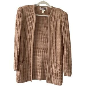 Keith Adams Vintage‎ Open Front Cardigan Sweater Tan Knit Longline Pockets M USA